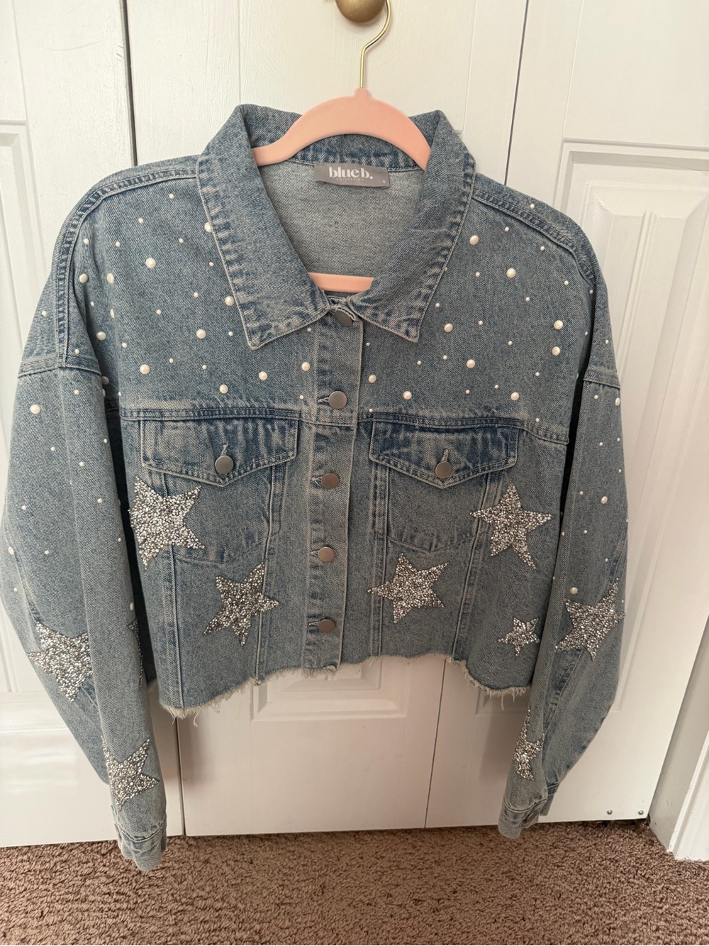 Blue B Embellished Light Wash Star Crop Denim Jacket